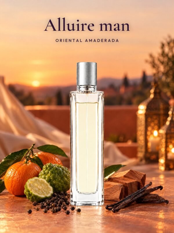 Frasco de Alluire man, perfume de equivalencia de Seiva Perfums inspirado en Allure de Chanel. Familia oriental amaderada