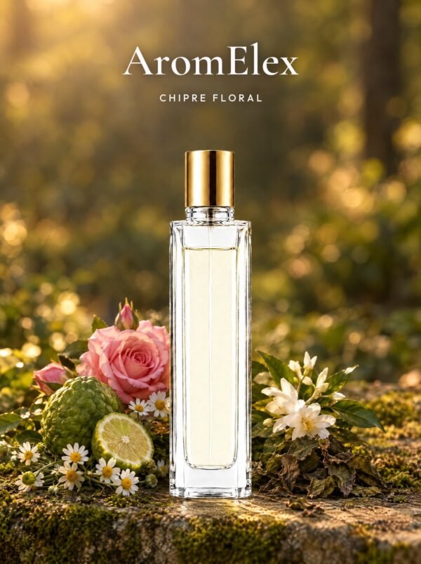 Frasco de AromElex, perfume de equivalencia de Seiva Perfums inspirado en Aromatics Elixir de Clinique. Familia chipre floral