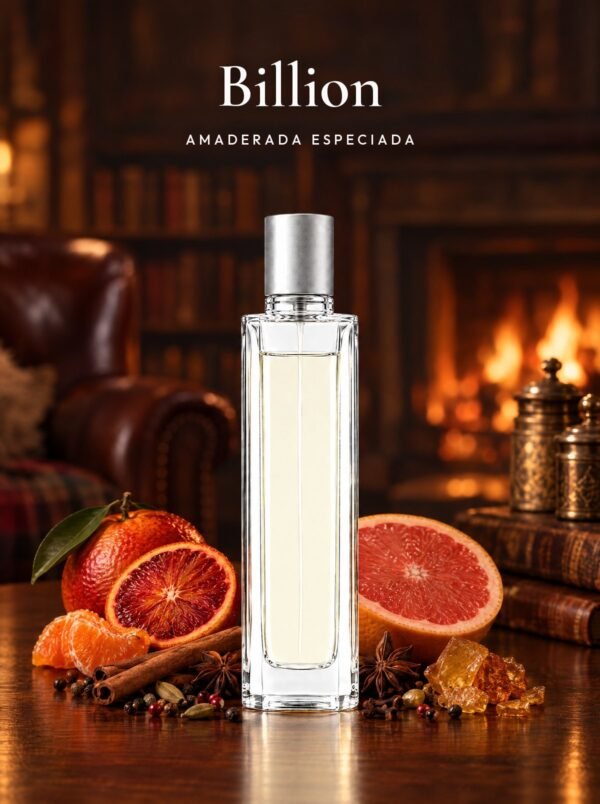 Frasco de Billion, perfume de equivalencia de Seiva Perfums inspirado en One Million de Paco Rabanne. Familia amaderada especiada