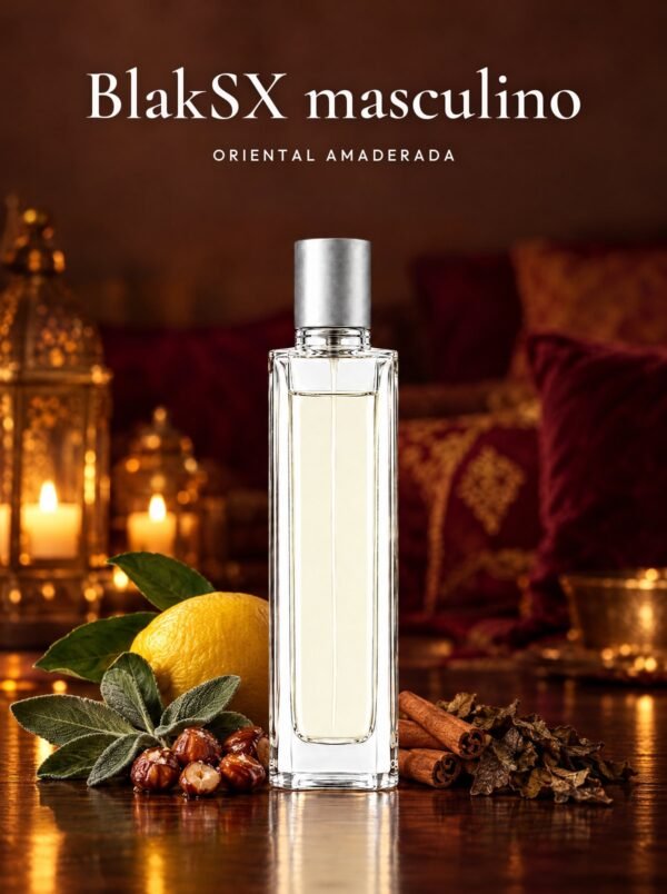 Frasco de BlakSX masculino, perfume de equivalencia de Seiva Perfums inspirado en Black XS de Paco Rabanne. Familia oriental amaderada
