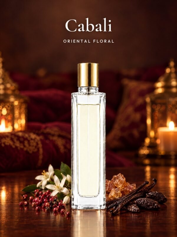 Frasco de Cabali, perfume de equivalencia de Seiva Perfums inspirado en Roberto Cavalli. Familia oriental floral
