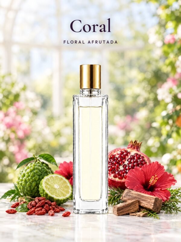 Frasco de Coral, perfume de equivalencia de Seiva Perfums inspirado en Omnia Coral de Bvlgari. Familia floral afrutada