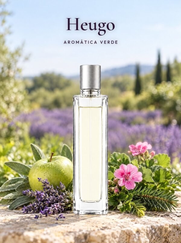 Frasco de Heugo, perfume de equivalencia de Seiva Perfums inspirado en Hugo de Hugo Boss. Familia aromática verde
