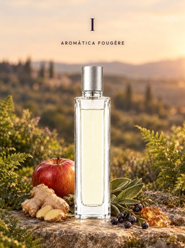 Frasco de I, perfume de equivalencia de Seiva Perfums inspirado en Y de Yves Saint Laurent. Familia aromática fougère