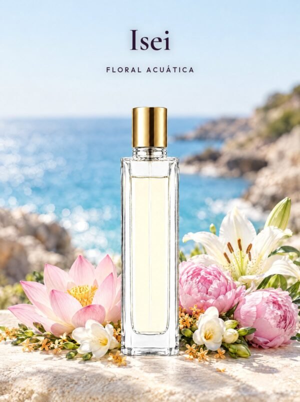 Frasco de Isei, perfume de equivalencia de Seiva Perfums inspirado en L'Eau d'Issey de Issey Miyake. Familia floral acuática