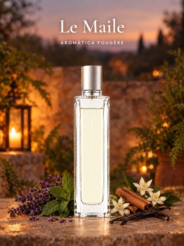 Frasco de Le Maile, perfume de equivalencia de Seiva Perfums inspirado en Le Male de Jean Paul Gaultier. Familia aromática fougère