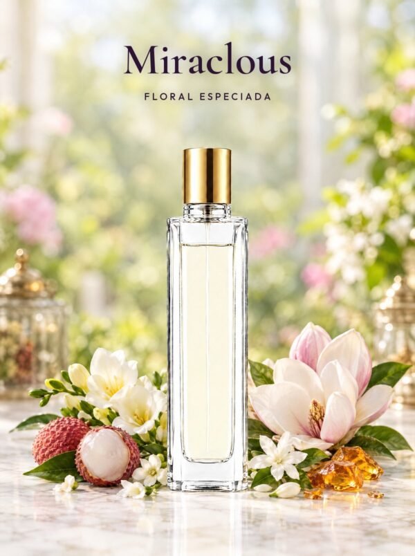 Frasco de Miraclous, perfume de equivalencia de Seiva Perfums inspirado en Miracle de Lancôme. Familia floral especiada