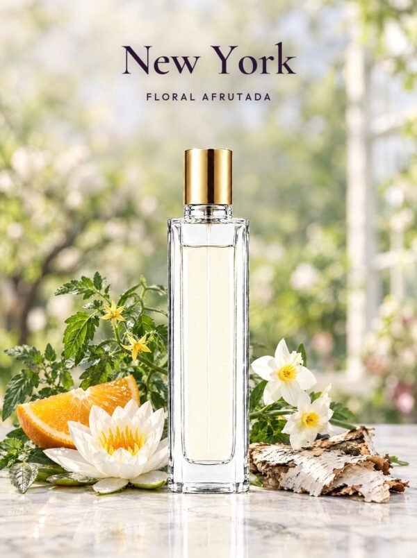 Frasco de New York, perfume de equivalencia de Seiva Perfums inspirado en DKNY de Donna Karan. Familia floral afrutada