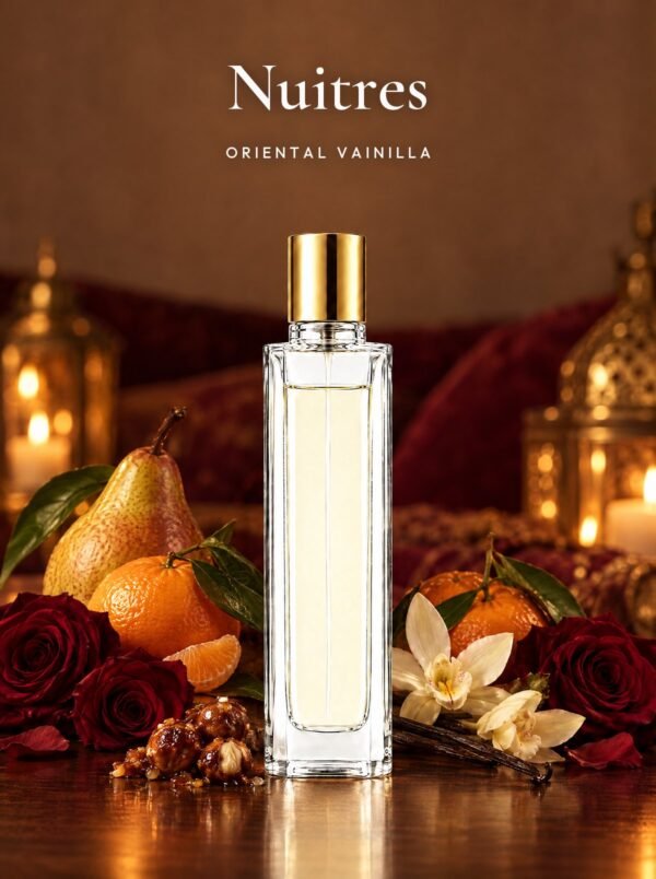 Frasco de Nuitres, perfume de equivalencia de Seiva Perfums inspirado en La Nuit Trésor de Lancôme. Familia oriental vainilla