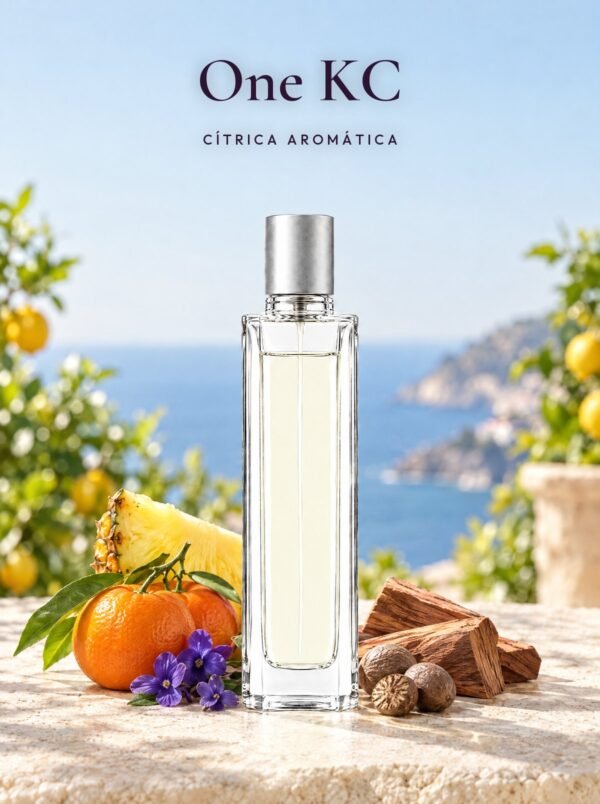 Frasco de One KC, perfume de equivalencia de Seiva Perfums inspirado en CK One de Calvin Klein. Familia cítrica aromática