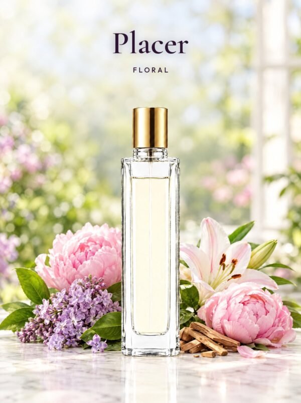 Frasco de Placer, perfume de equivalencia de Seiva Perfums inspirado en Pleasures de Estée Lauder. Familia floral