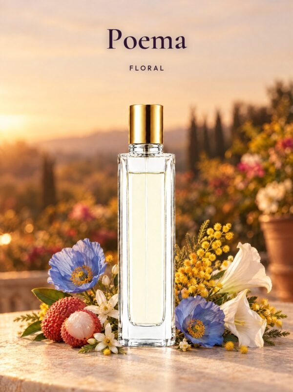 Frasco de Poema, perfume de equivalencia de Seiva Perfums inspirado en Poême de Lancôme. Familia floral
