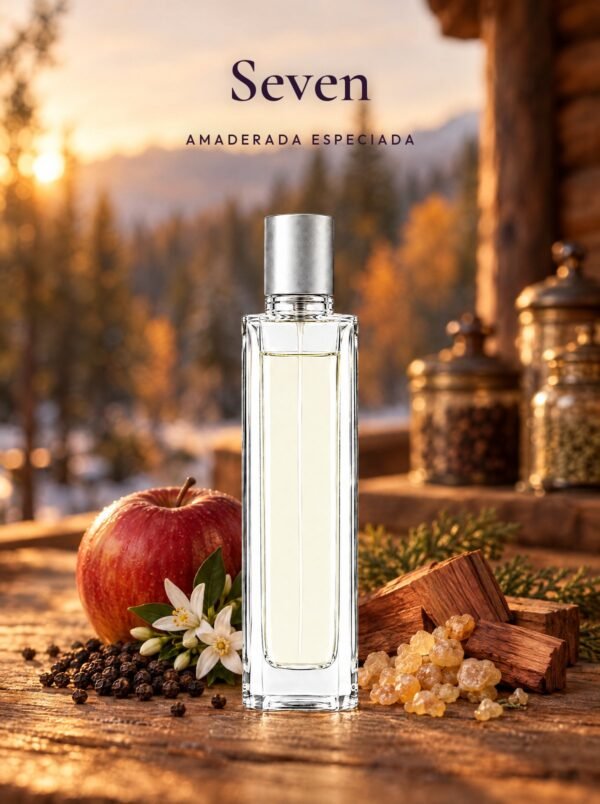 Frasco de Seven, perfume de equivalencia de Seiva Perfums inspirado en 7 de Loewe. Familia amaderada especiada