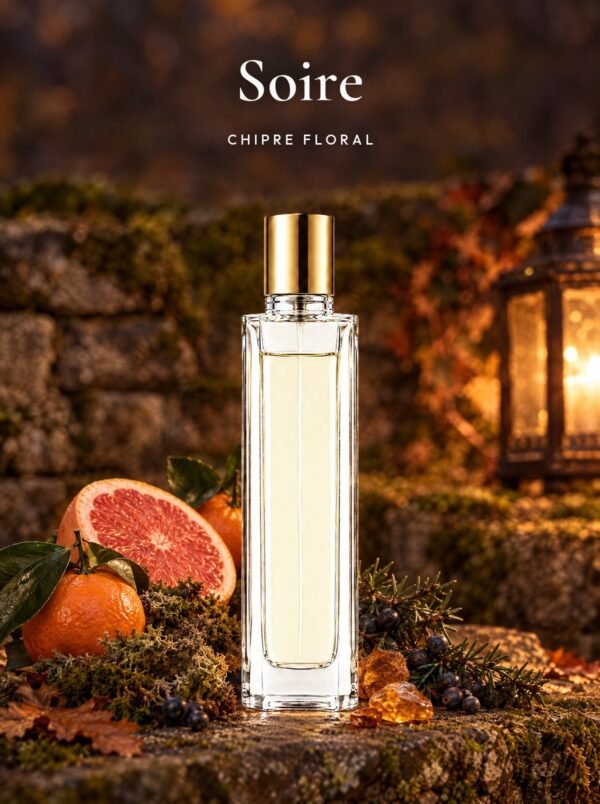 Frasco de Soire, perfume de equivalencia de Seiva Perfums inspirado en Eau du Soir de Sisley. Familia chipre floral