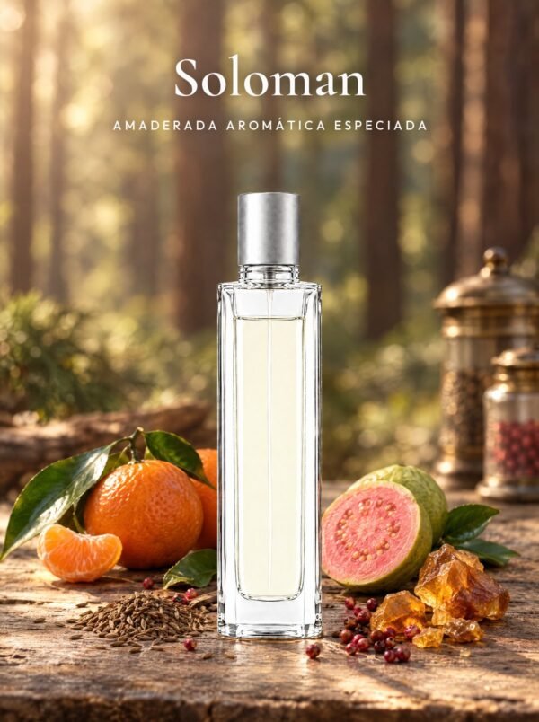 Frasco de Soloman, perfume de equivalencia de Seiva Perfums inspirado en Solo de Loewe. Familia amaderada aromática especiada