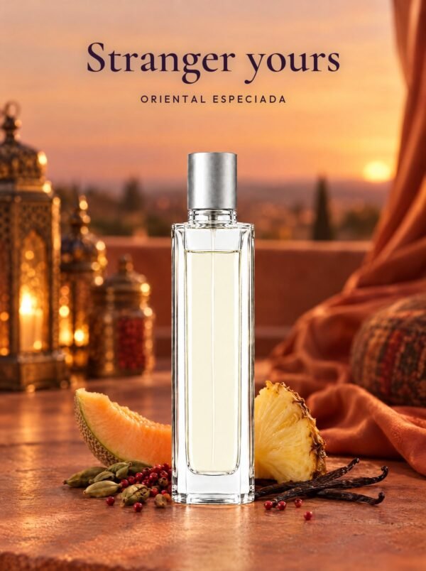 Frasco de Stranger yours, perfume de equivalencia de Seiva Perfums inspirado en Stronger With You de Emporio Armani. Familia oriental especiada