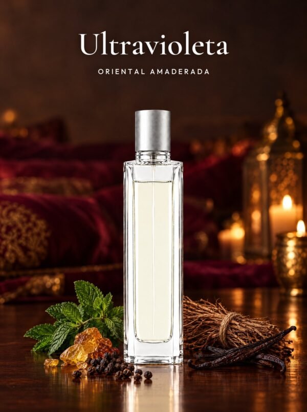 Frasco de Ultravioleta, perfume de equivalencia de Seiva Perfums inspirado en Ultraviolet de Paco Rabanne. Familia oriental amaderada
