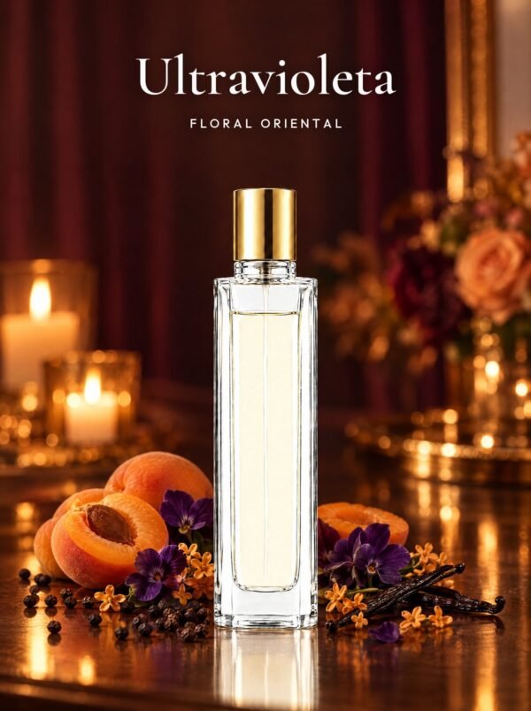 Frasco de Ultravioleta, perfume de equivalencia de Seiva Perfums inspirado en Ultraviolet de Paco Rabanne. Familia floral oriental
