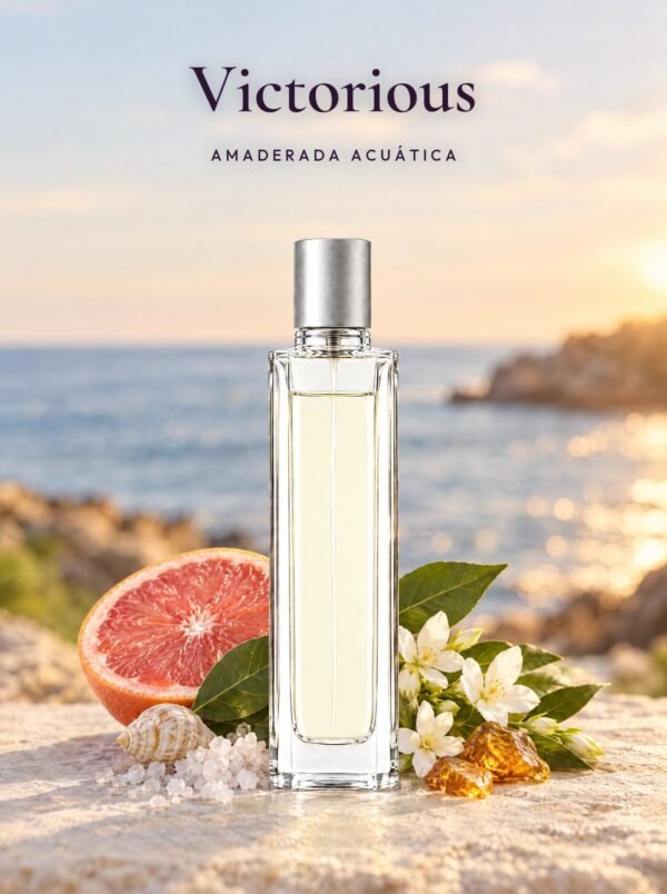 Frasco de Victorious, perfume de equivalencia de Seiva Perfums inspirado en Invictus de Paco Rabanne. Familia amaderada acuática