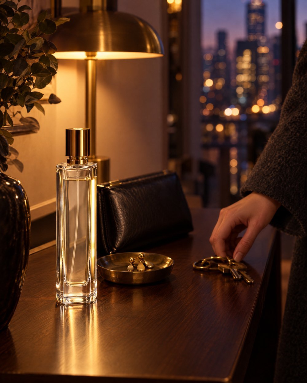 Perfume de Seiva Perfums sobre el mueble de la entrada junto a un bolso de noche y unas llaves, con la ciudad iluminada al fondo