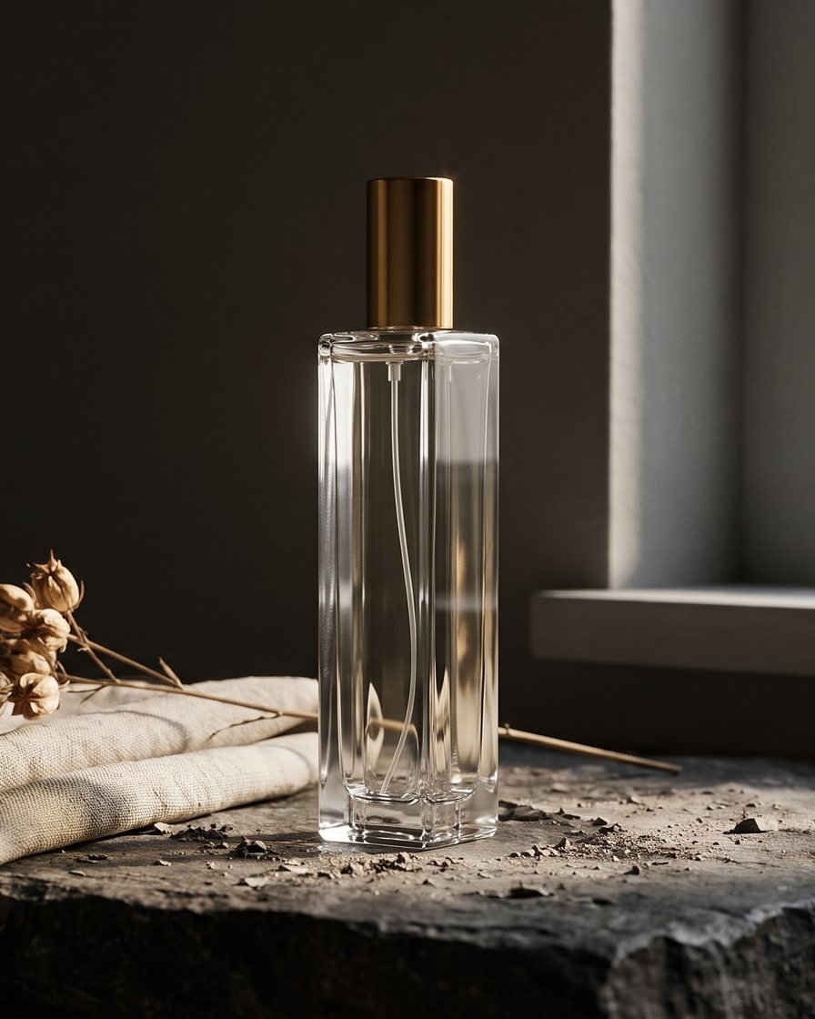 Frasco de Seiva Perfums de tapón dorado sobre una piedra oscura, junto a un paño de lino y una flor seca, con luz de ventana